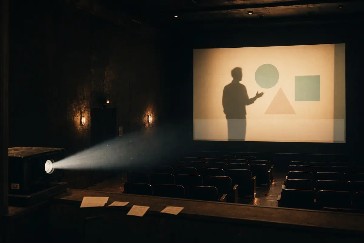 An empty lecture theatre with a presenter silhouette and slide projected above a clear lower caption zone